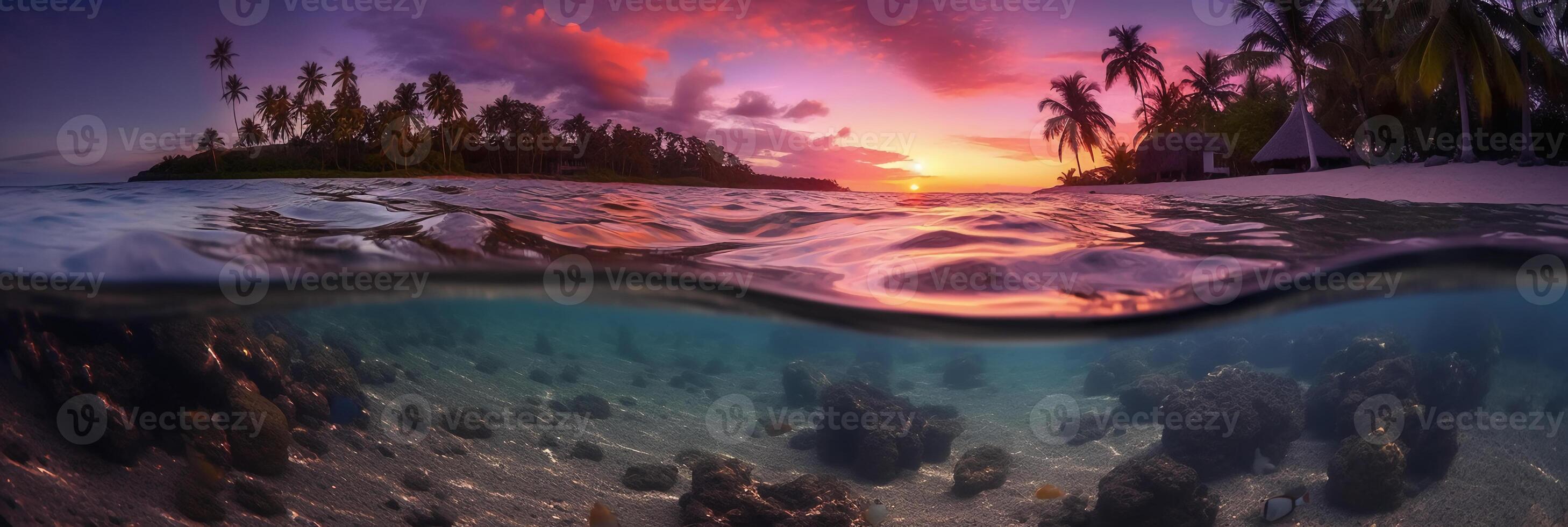 Photograph of beautiful inviting beach scene with purple sunset sky. photo