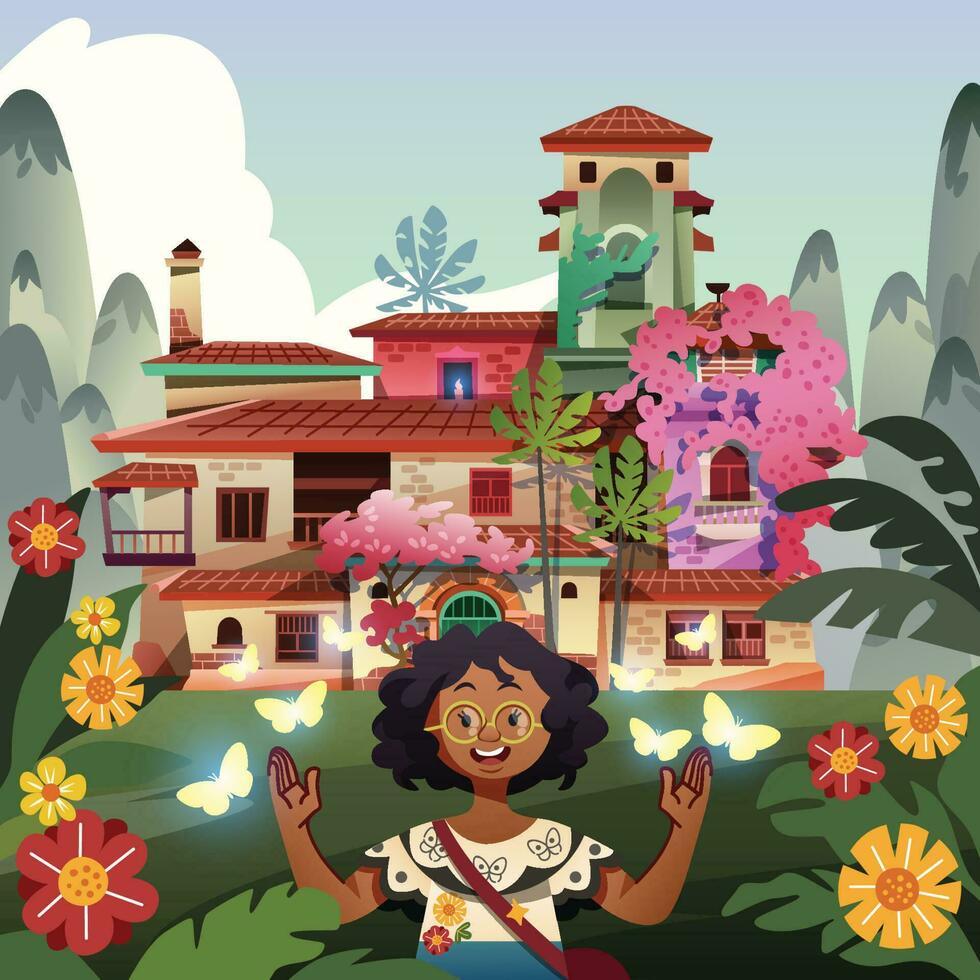 A Girl With Magical Butterflies In Front Of Her House vector