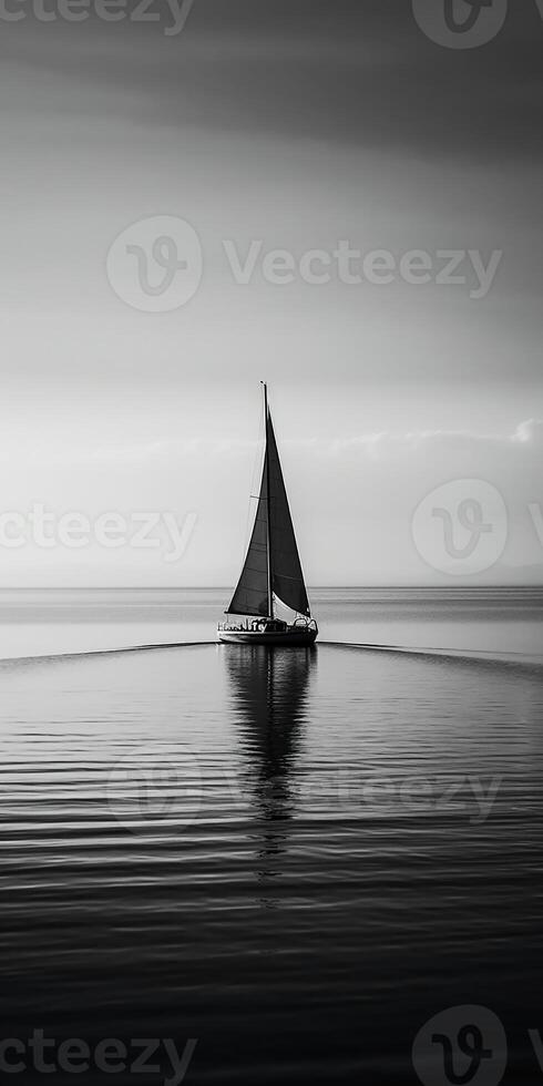 white image of a lone sailboat on a calm sea, photo