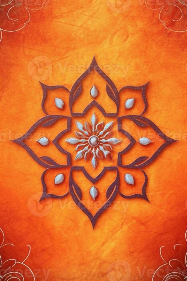 orange Pantone color background paper texture Rangoli pattern painting. photo