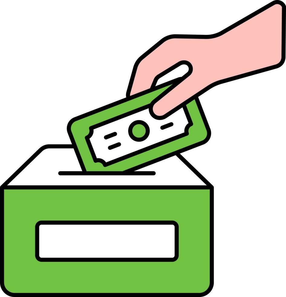 humano insertar dinero en donación caja verde y rosado icono. vector