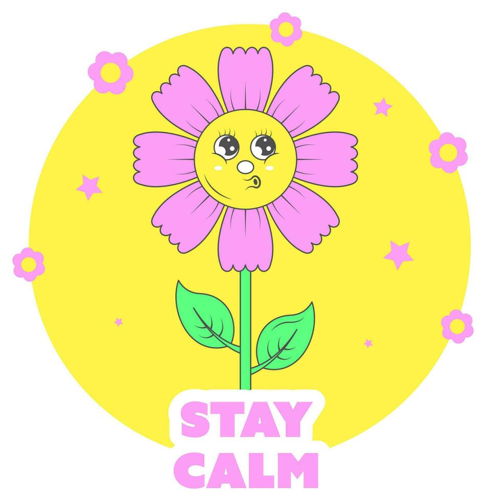 Stay Clam Lettering With Cartoon Flower Plant, Stars On Yellow And White Background. vector