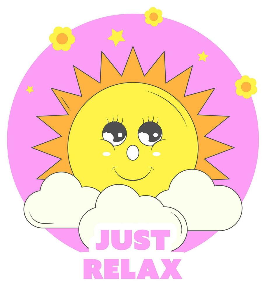 Just Relax Lettering With Smiley Sun, Flowers, Stars, Clouds On Pink And White Background. vector