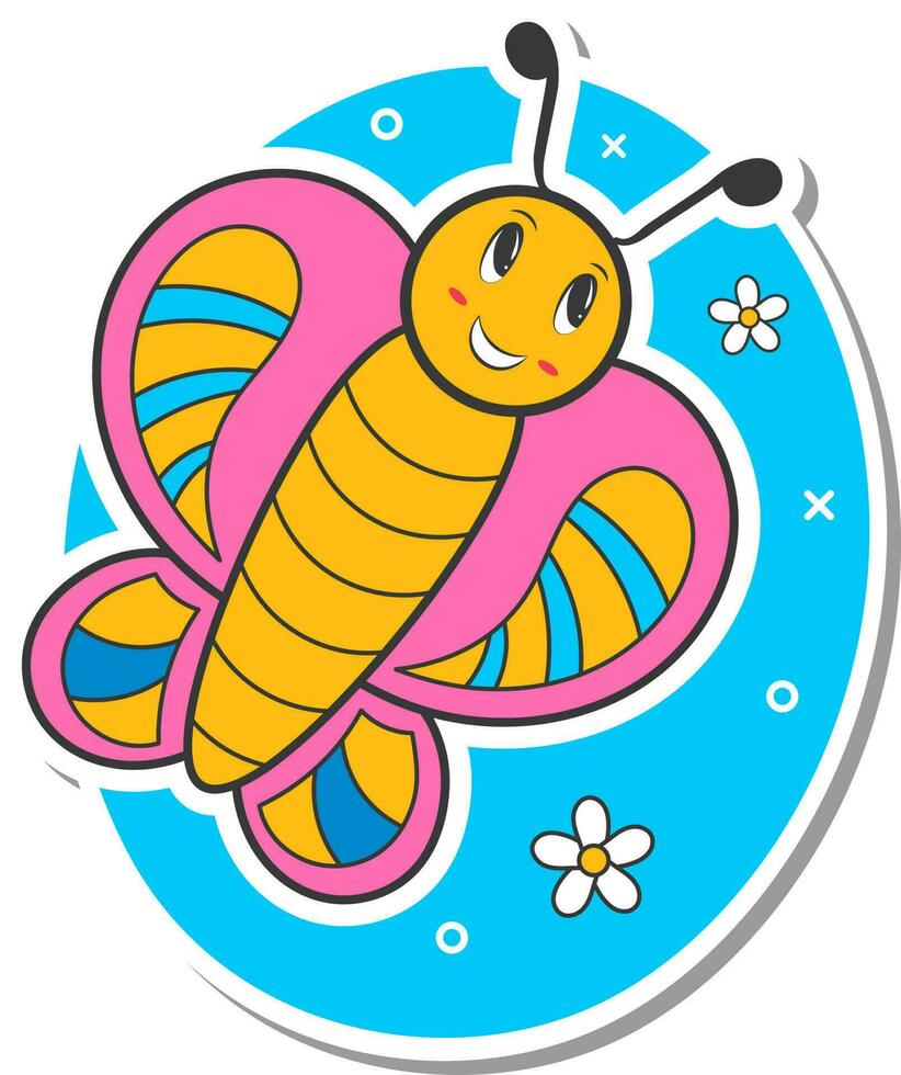 Funny Butterfly With Flowers In Sticker Style. vector