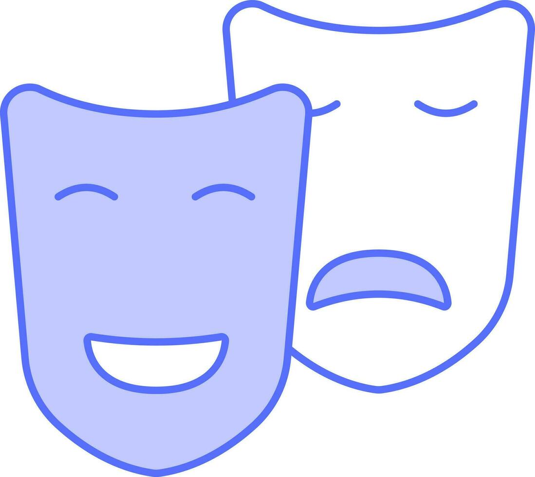 triste y contento facial máscara icono en azul y blanco color. vector