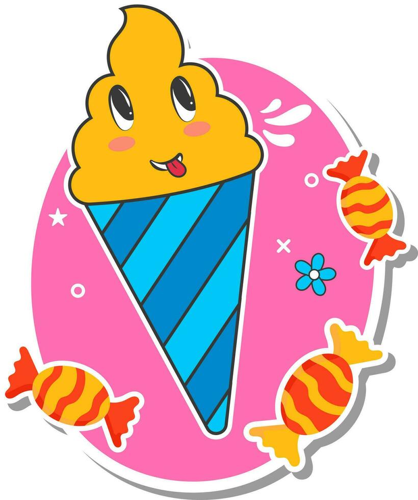 Sticker Style Ice Cream Cone With Toffee, Flowers On Pink And White Background. vector