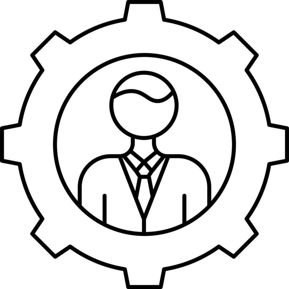 Man Inside Cogwheel Icon In Black Line Art. vector