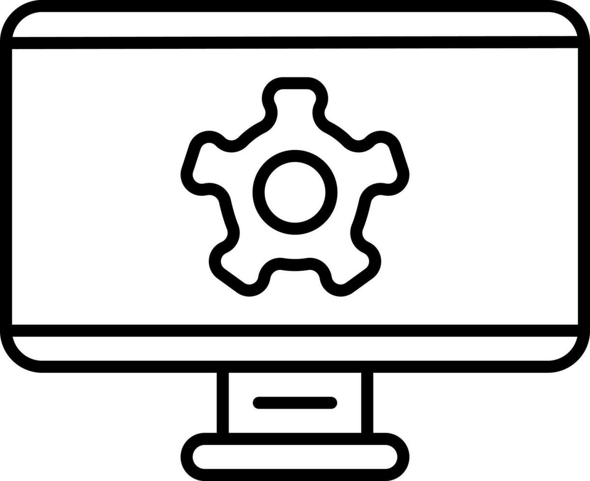 Black Linear Cogwheel In Monitor Screen Icon. vector