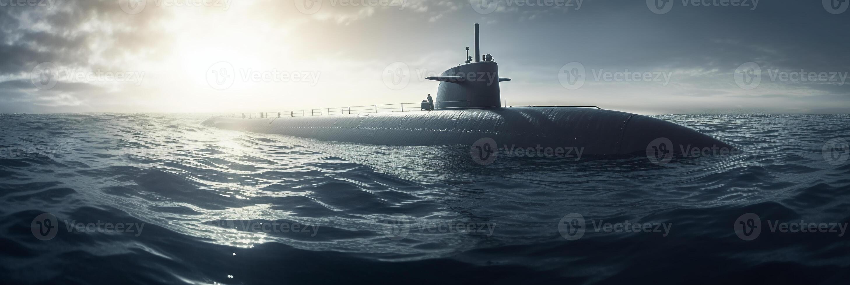 Generic military nuclear submarine floating in the middle of the ocean. photo