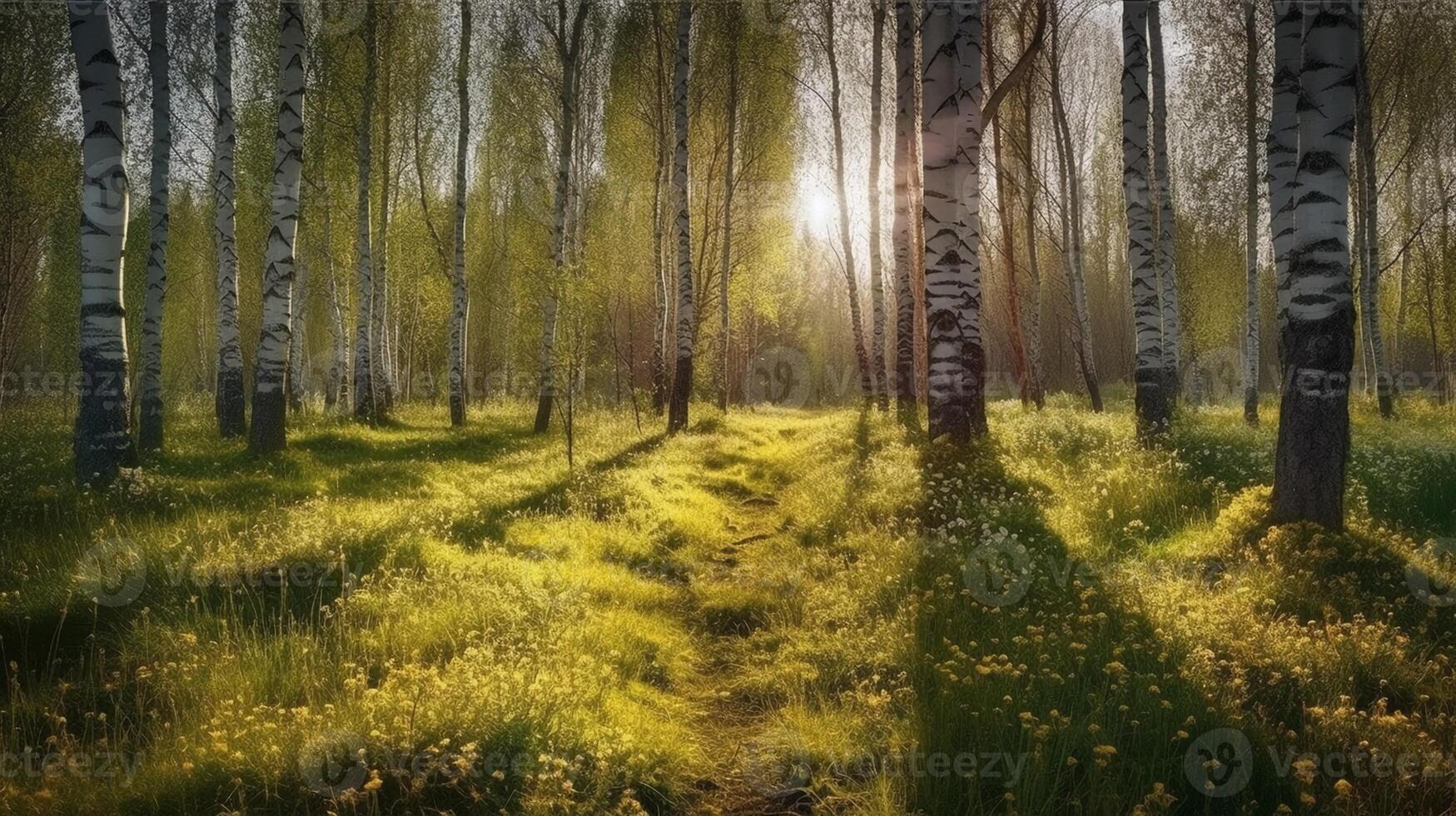 Birch grove in spring on sunny day with beautiful carpet of juicy green young grass and dandelions in rays of sunlight, photo