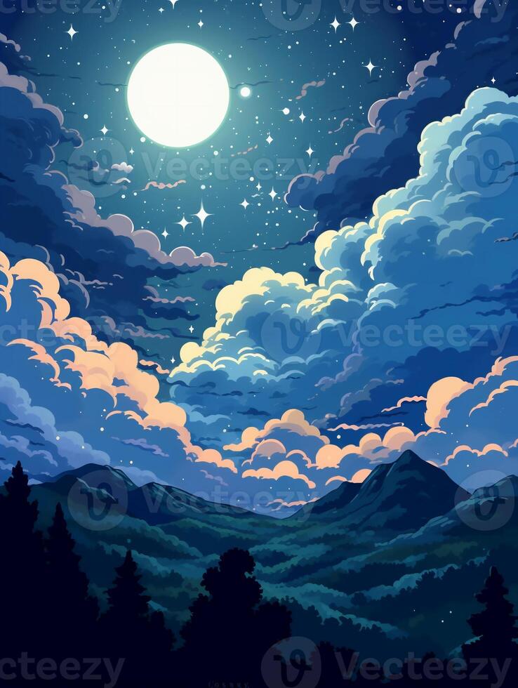 illustration of a moonlit night, with stars twinkling in the sky and clouds. photo