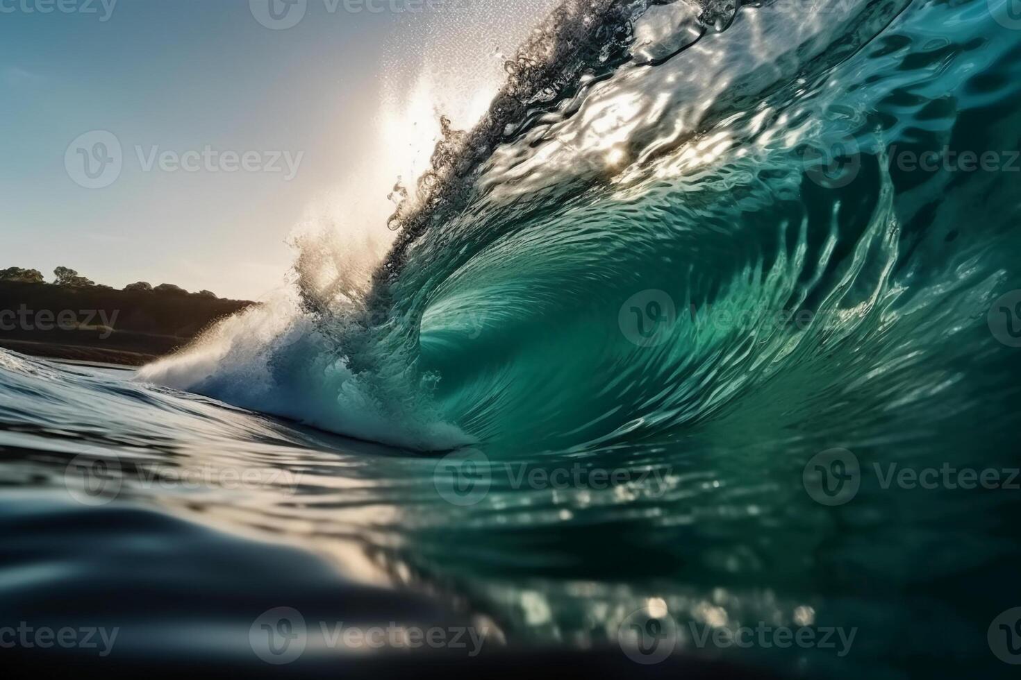 Tropical blue surfing wave. Sunshine in the wave barrel. No people. Beautiful deep blue tube wave in the Ocean. photo