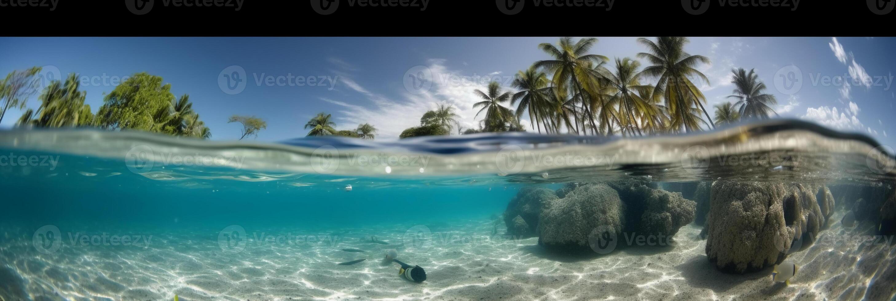Photograph of beautiful inviting beach scene with blue sky. photo