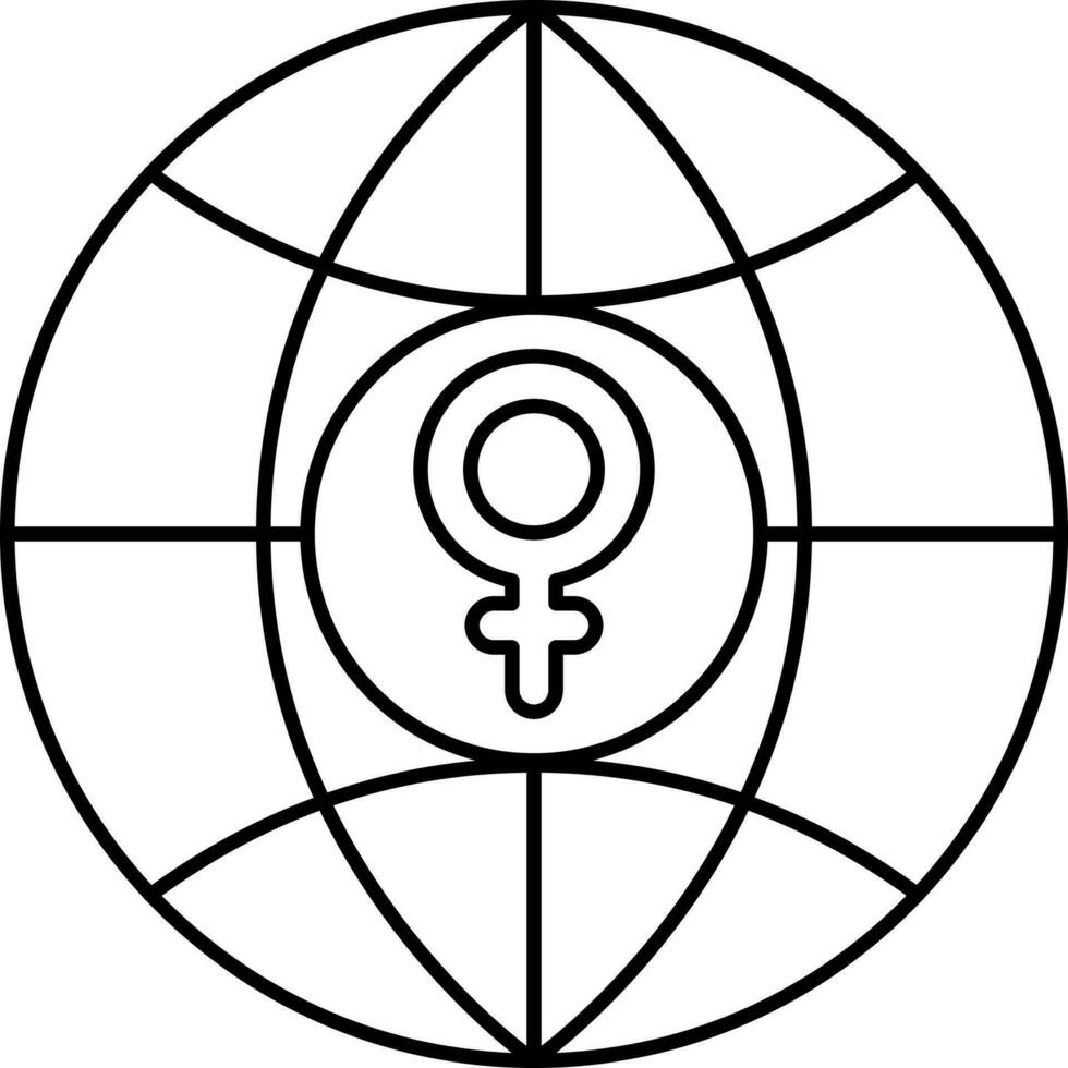 Feminism Symbol Inside Globe Icon In Line Art. vector