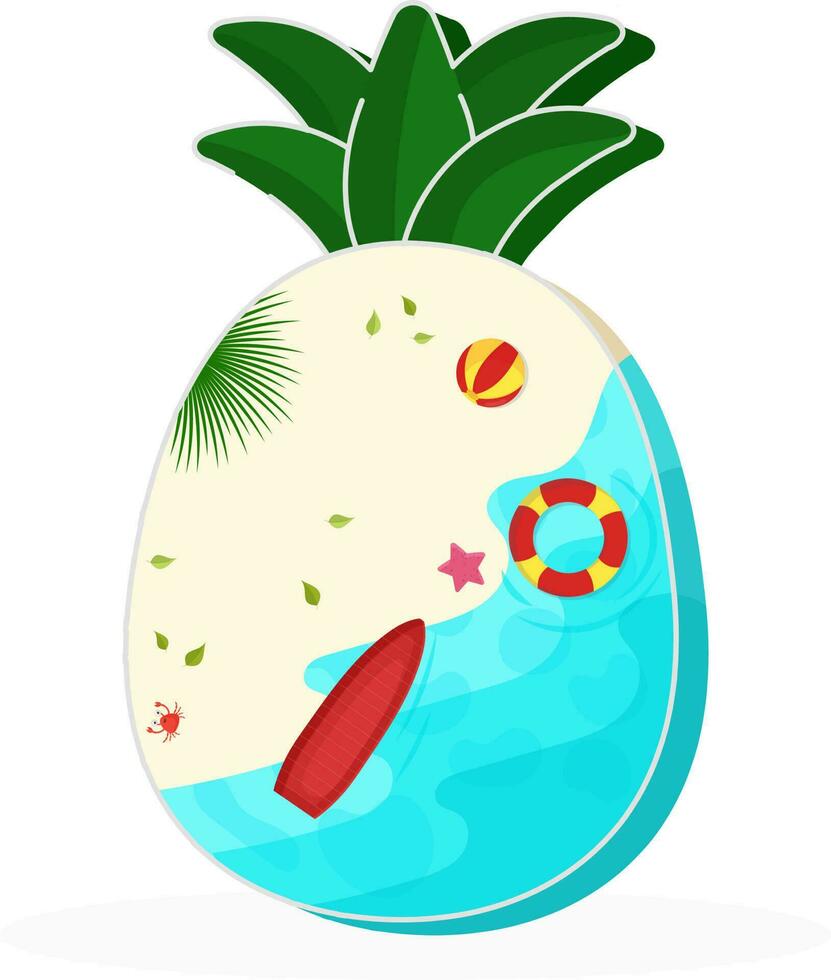 Beach View With Surfboard, Crab, Lifebuoy, Ball In Pineapple Shape Illustration. vector