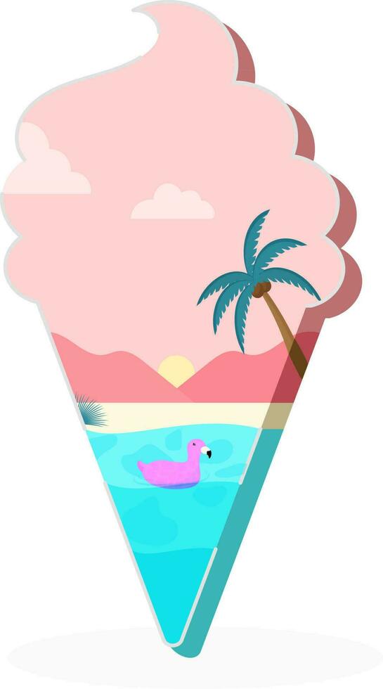 Vector Ice Cream Cone Shape With Beach Side, Sunshine In Pink And Blue Color.