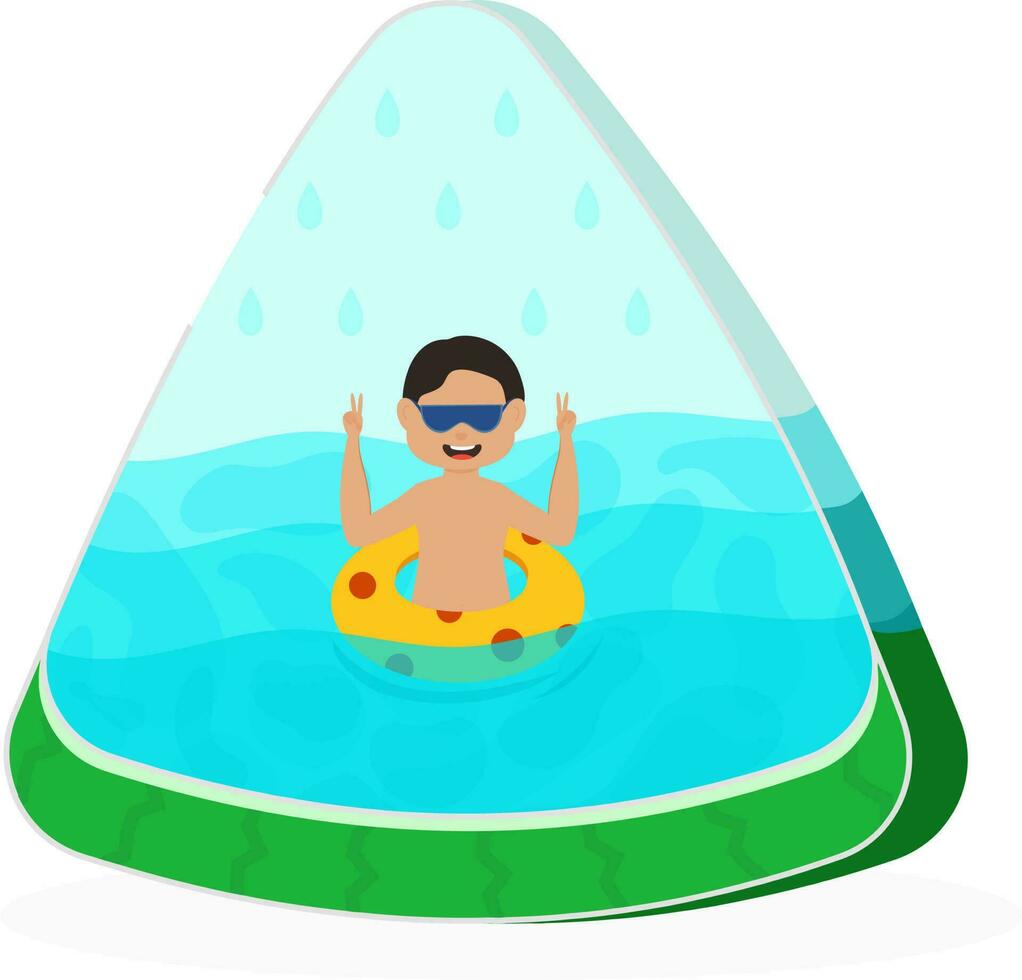 alegre nadador chico con boya salvavidas terminado nadando piscina o playa en triángulo forma ilustración. vector