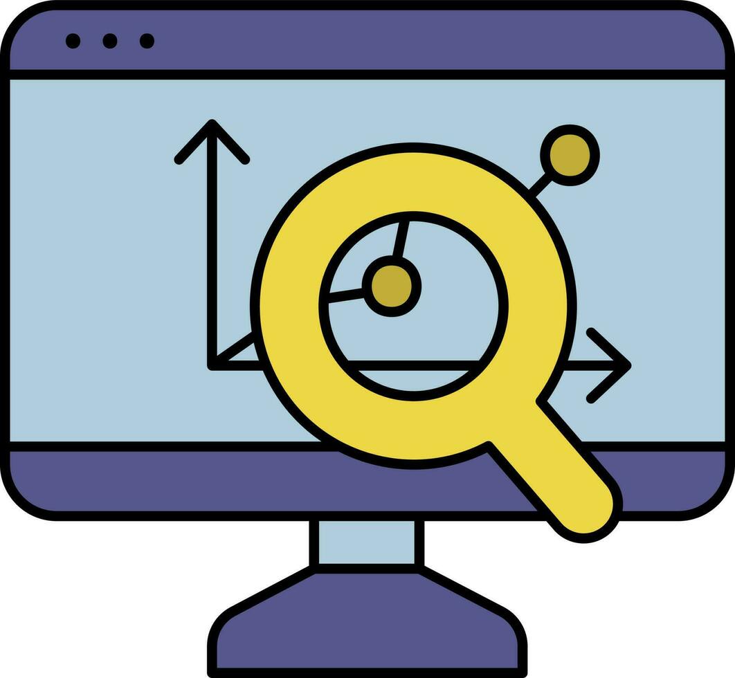 Search Line Graph In Monitor Screen Yellow And Blue Icon. vector