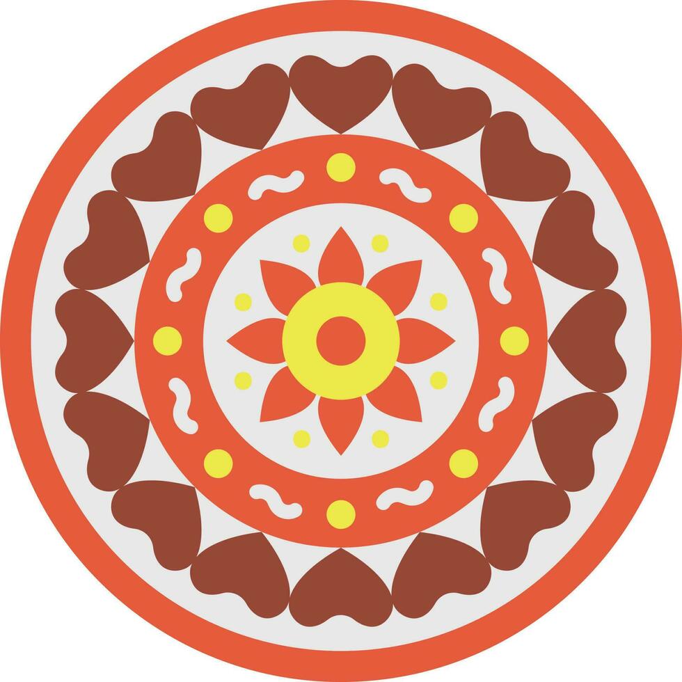 Circular Hearts With Flowers Rangoli Red And Yellow Icon. vector