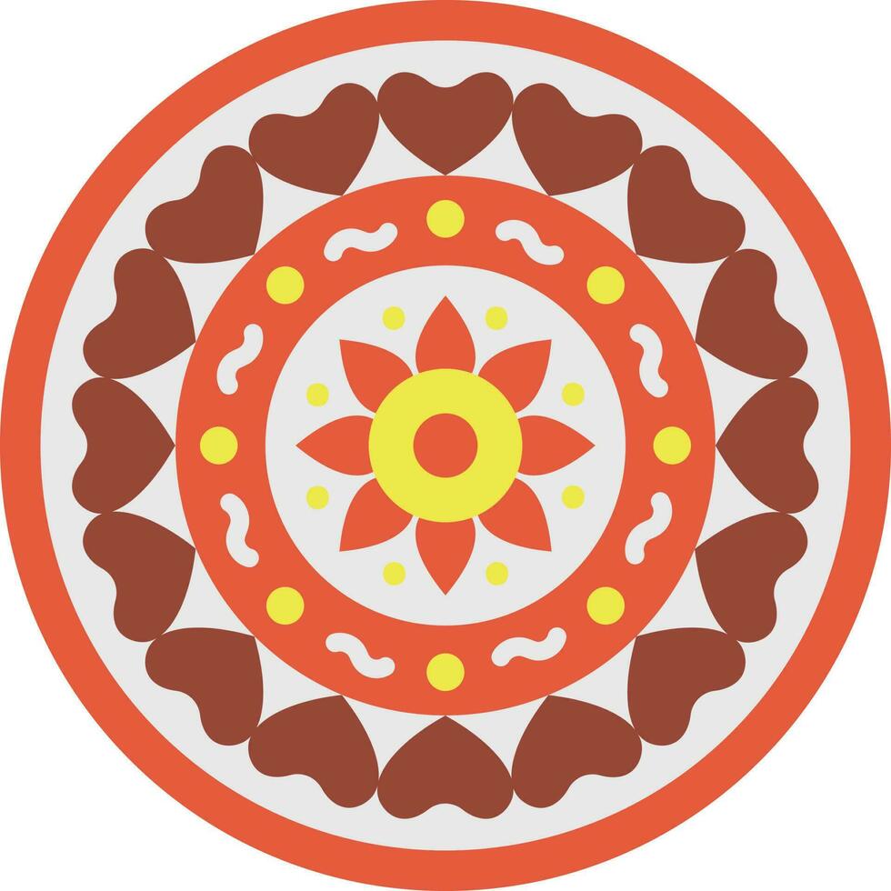 circular corazones con flores rangoli rojo y amarillo icono. vector