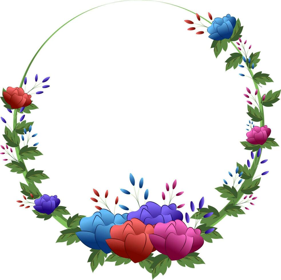 Empty Circular Frame Decorated With Rose Flowers And Leaves. vector