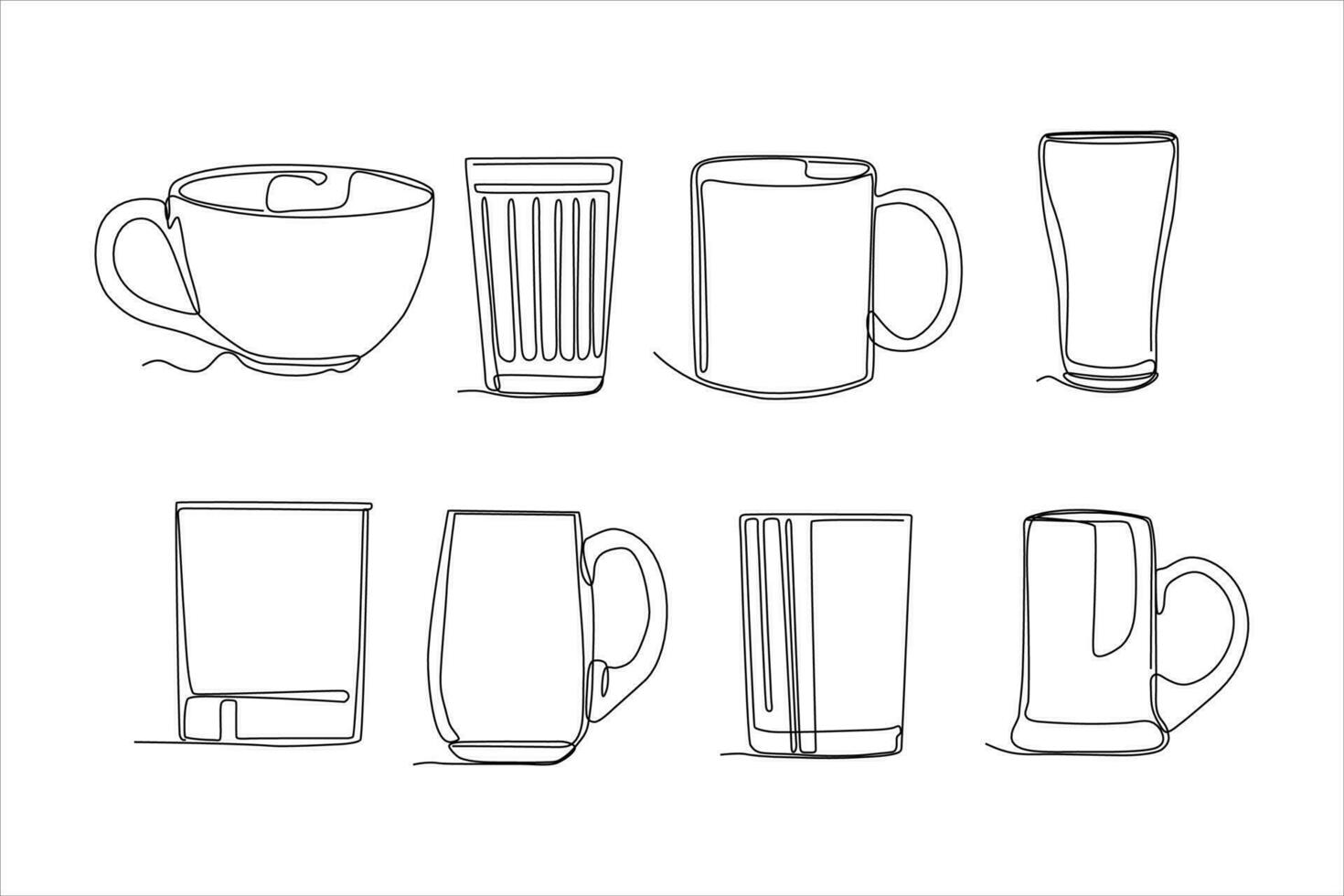 glass cup continuous line art vector set illustration