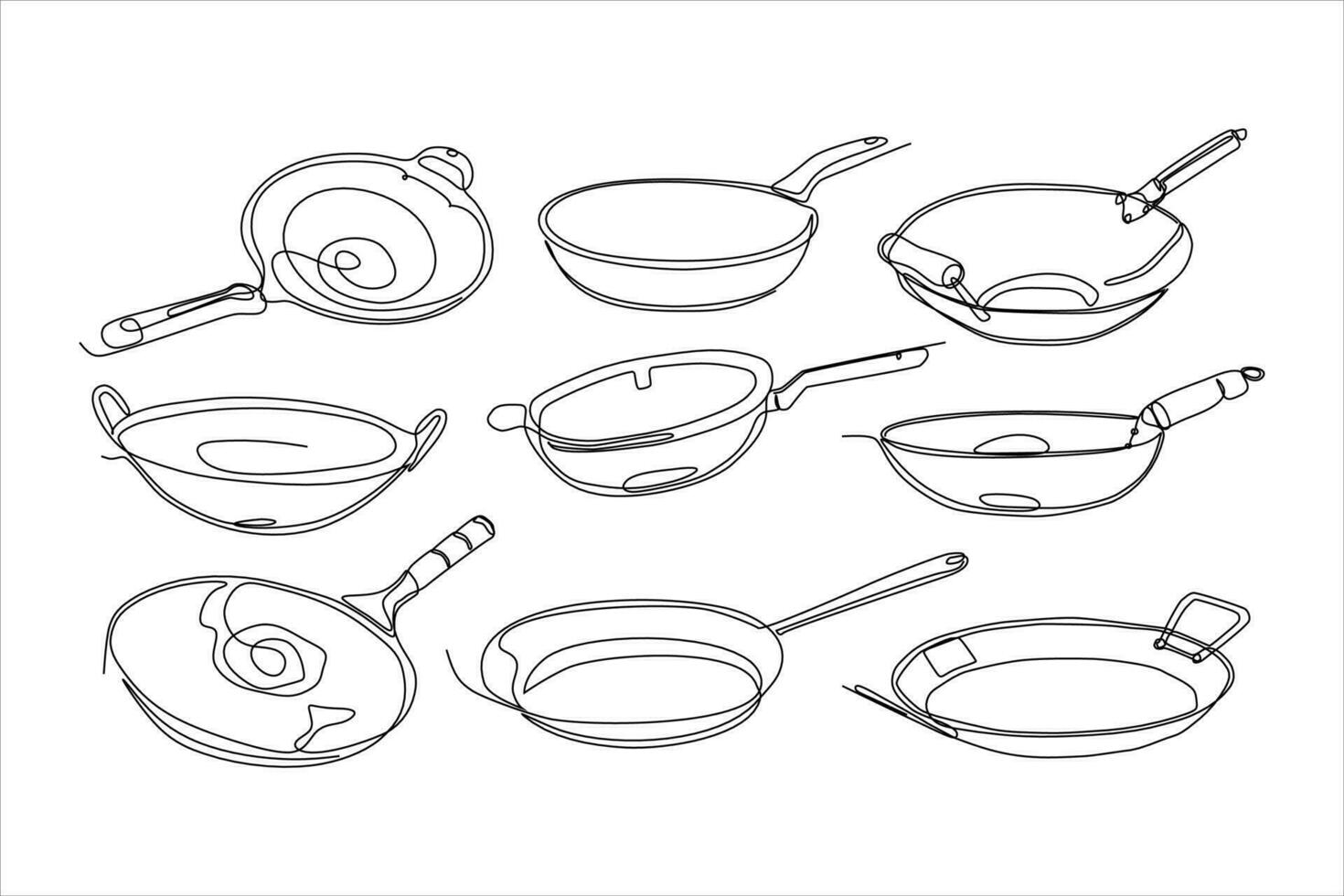 frying pan continuous line art vector set illustration