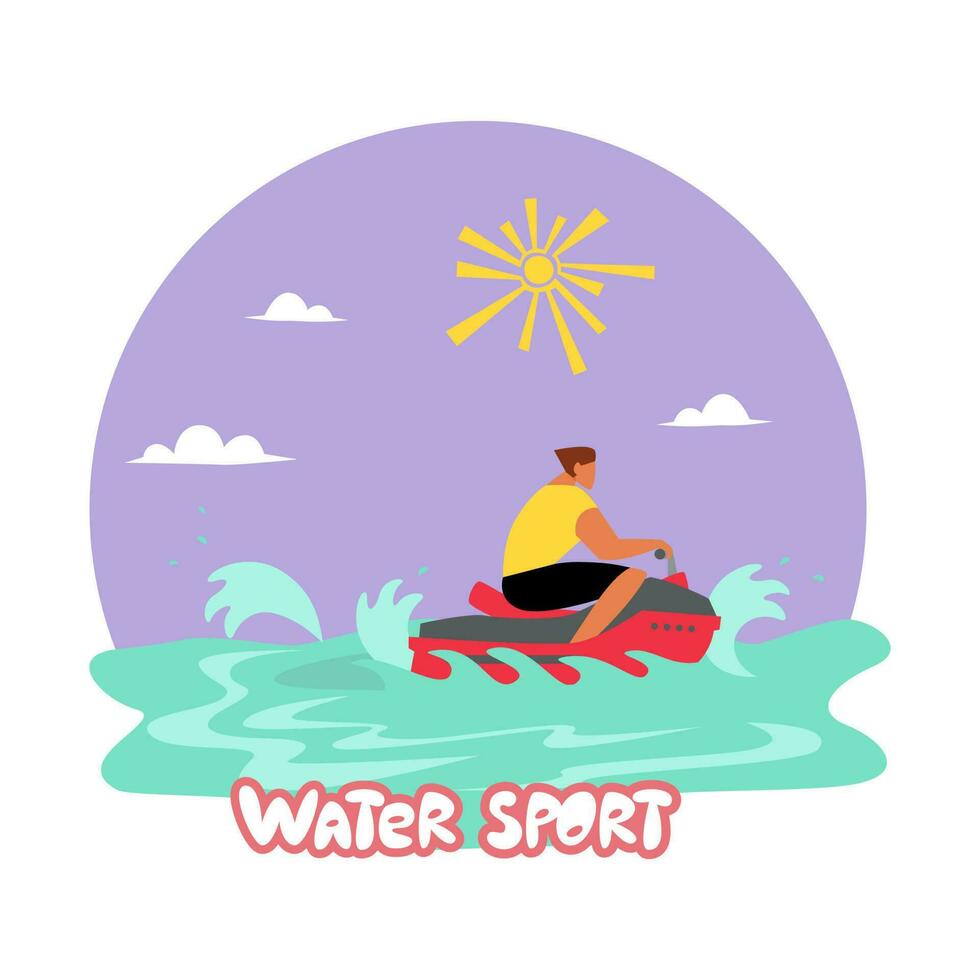 Deportes en el agua, un hombre paseos un chorro esquí en el mar, océano. el Dom es brillante, olas en el agua. vector plano ilustración