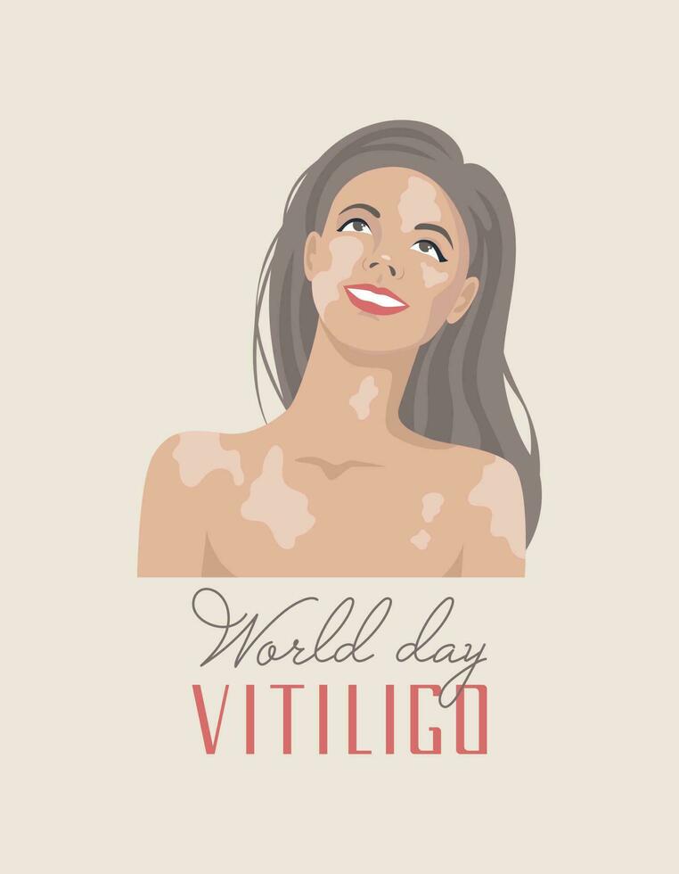 Portrait of a woman with vitiligo marks. Positive body concept. Hand-drawn text. World Vitiligo Day 25 June. Vector flat illustration for banner, poster.