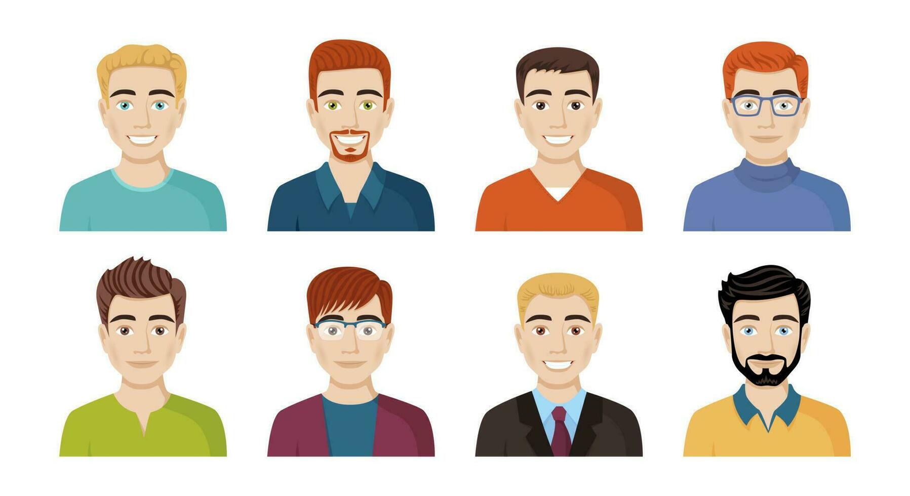 un conjunto de avatares de contento personas de diferente apariencia, peinados retratos de hombres. vector ilustración en dibujos animados estilo