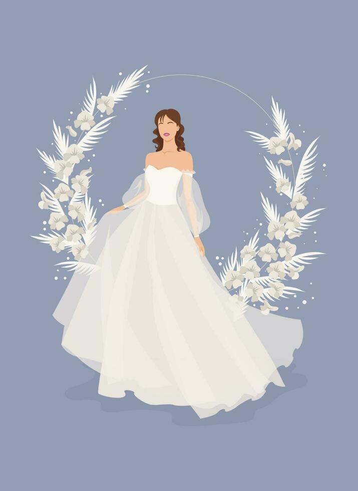 novia. hermosa mujer en un vestido, redondo marco con flores linda vector plano ilustración