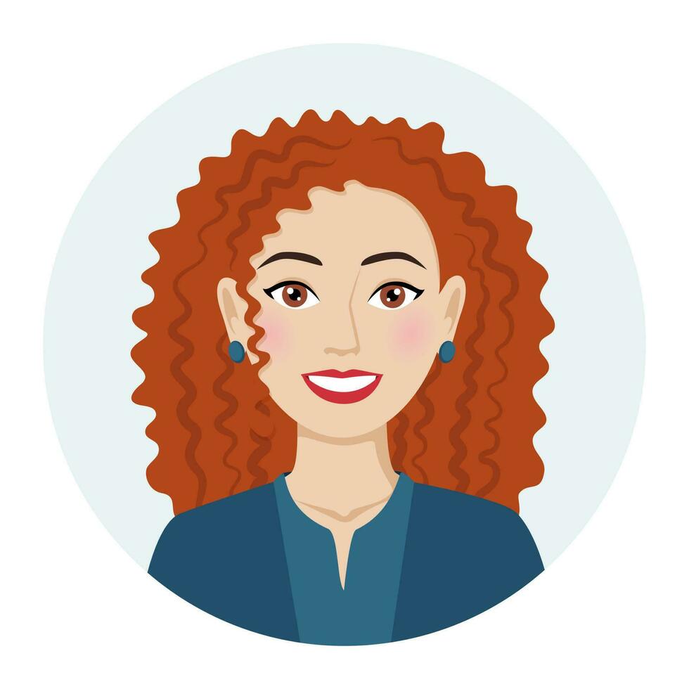 hembra avatar, retrato de un negocio mujer con Rizado cabello. vector ilustración de un hembra personaje en un moderno color estilo