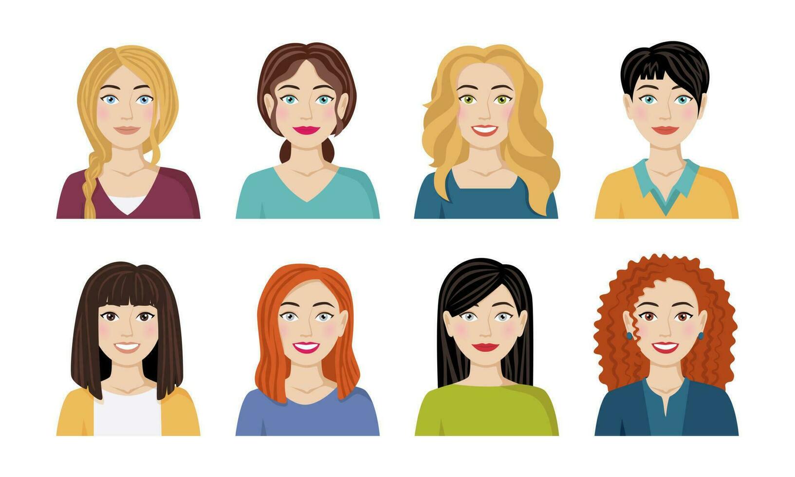 A set of avatars of happy people of different appearance, hairstyles. Portraits of women. Vector illustration in cartoon style.