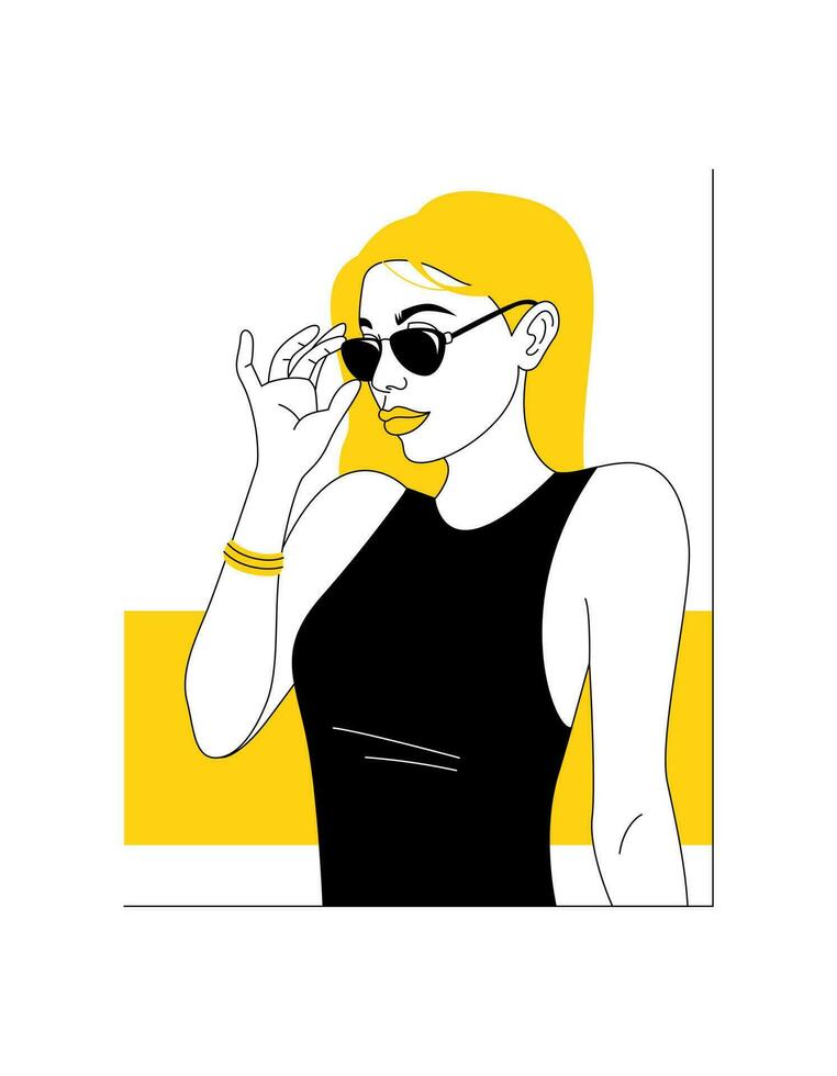 retrato de un bonito mujer en lentes en un resumen marco. amarillo. el concepto de estilo, moda. mano dibujado en línea estilo, garabatear, vector ilustración.