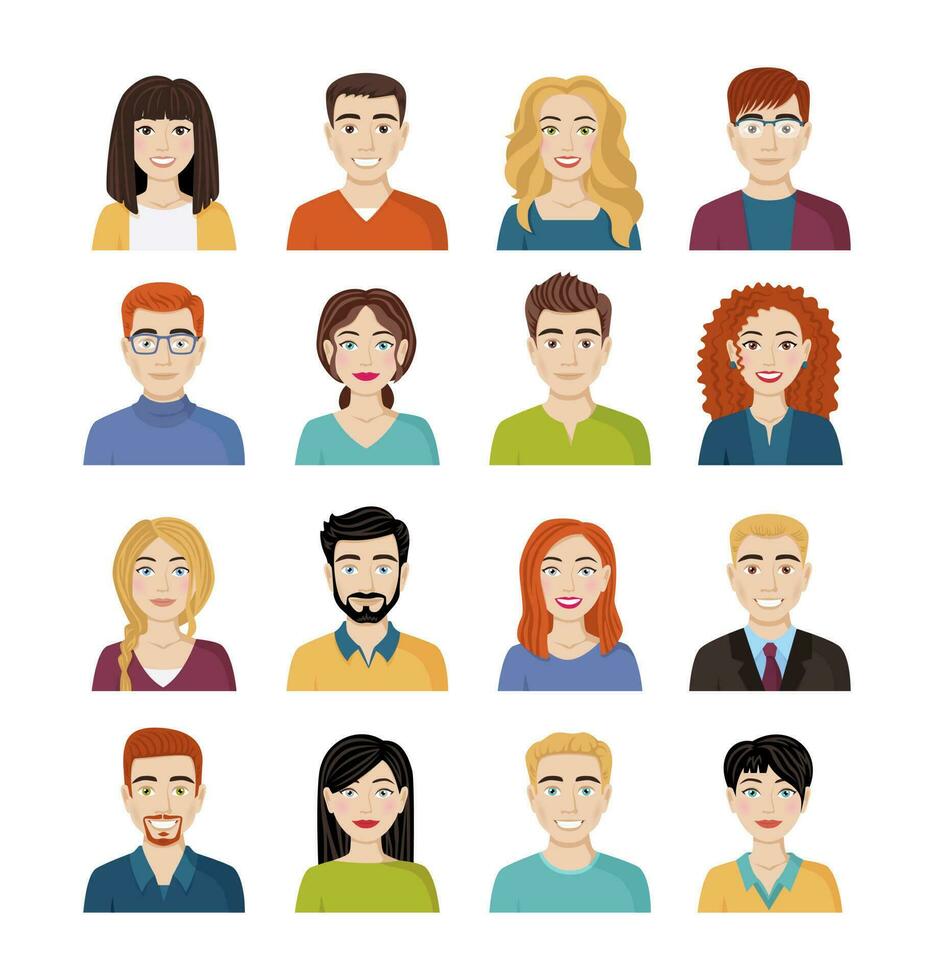 Set of avatars of different smiling people. Collection of characters of men and women. Isolated vector illustrations.