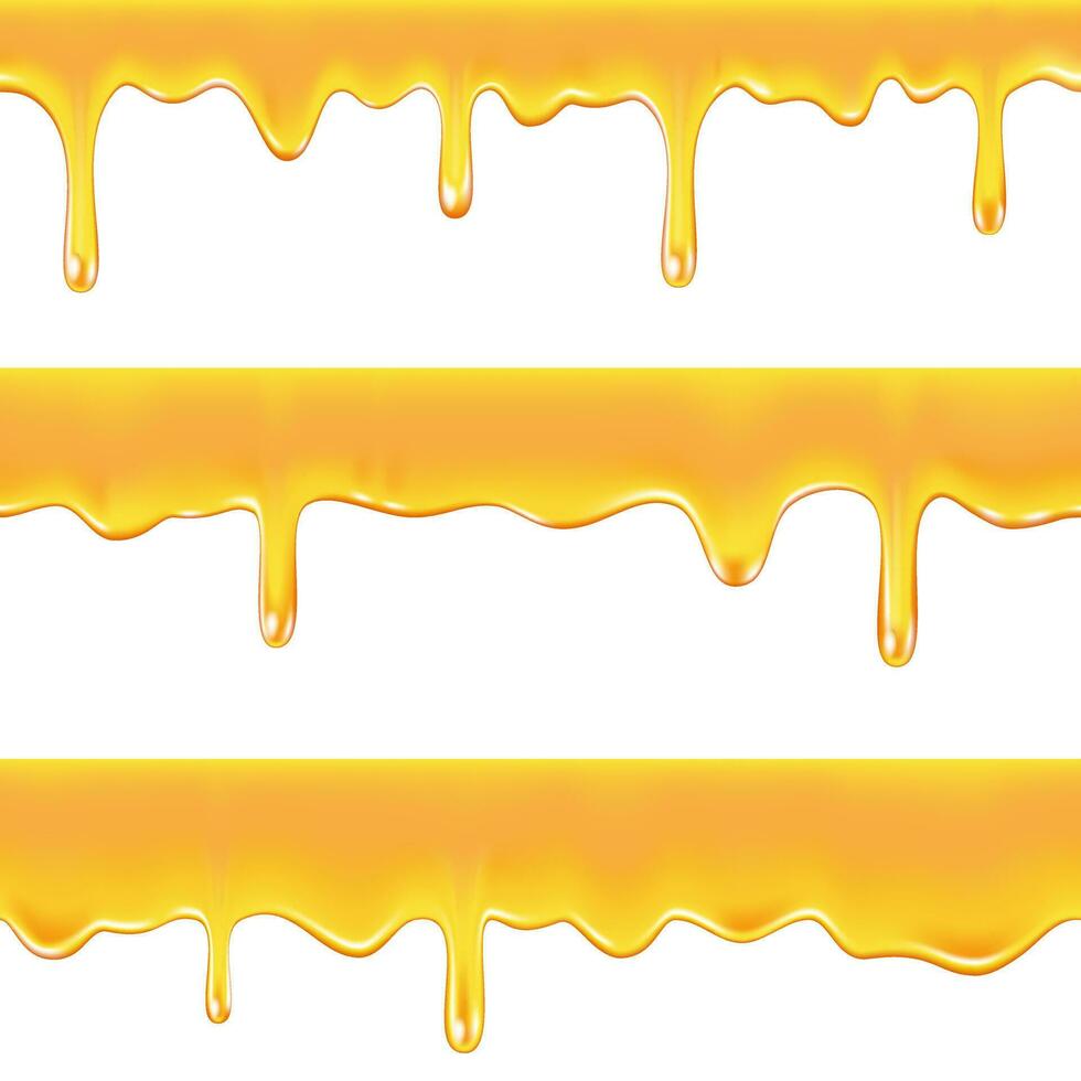 Realistic seamless honey drips isolated on transparent background. Vector repeating 3d illustration