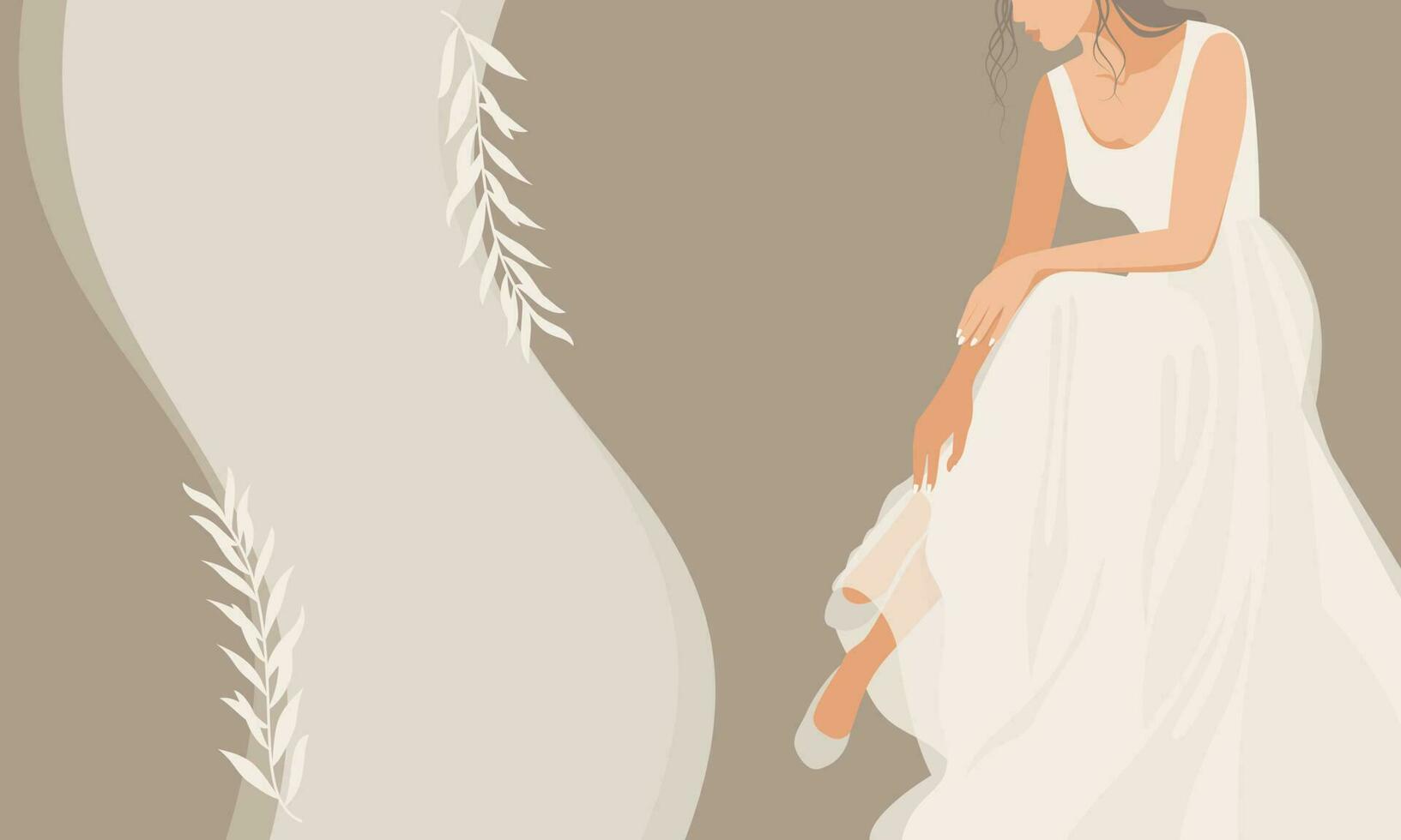 Abstract beautiful woman is sitting in a delicate wedding dress. Place for text made from leaves. Wedding salon concept. Vector simple illustration