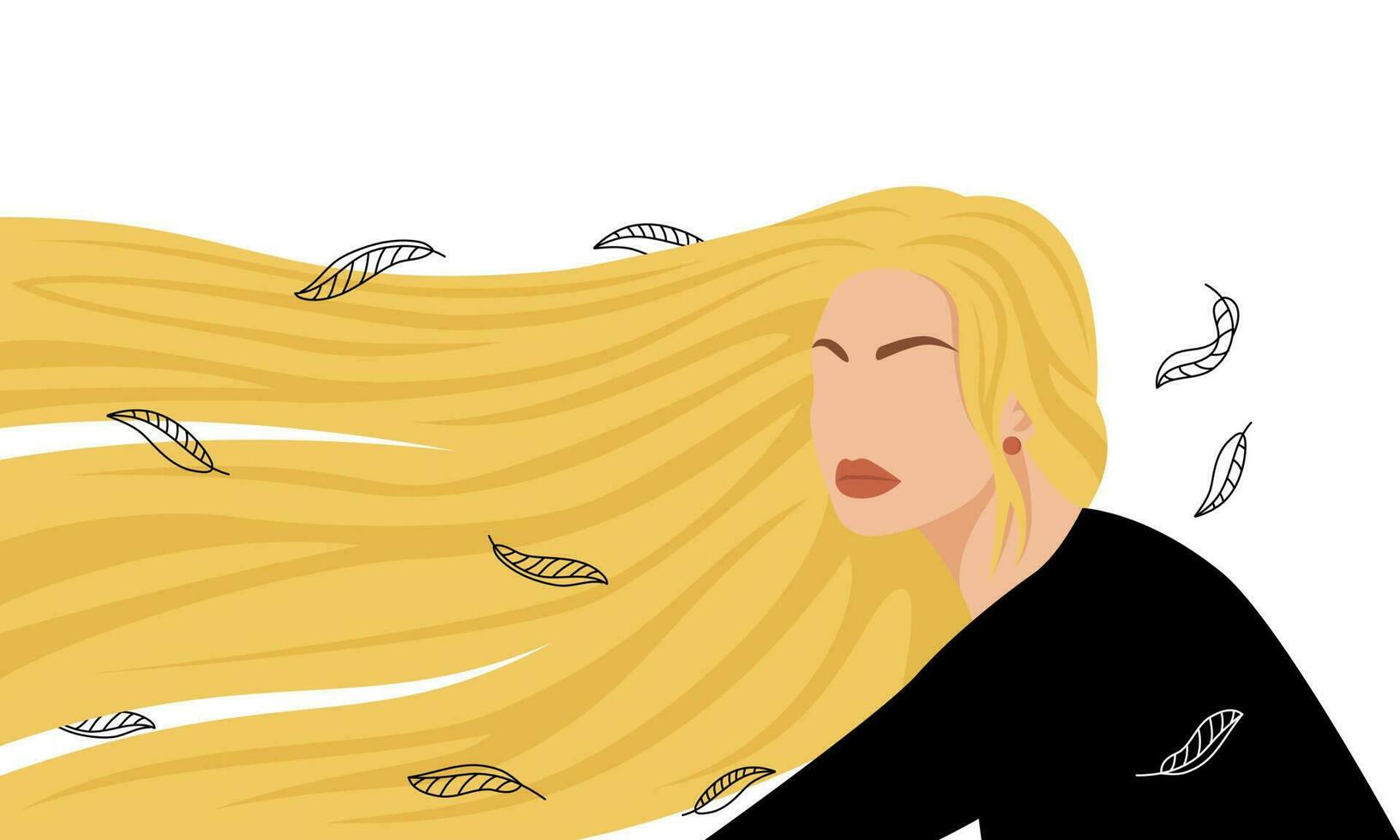 Abstract blond woman with thick long hair. Hairstyle, decor leaves. Beauty salon banner concept. Vector illustration on white background.