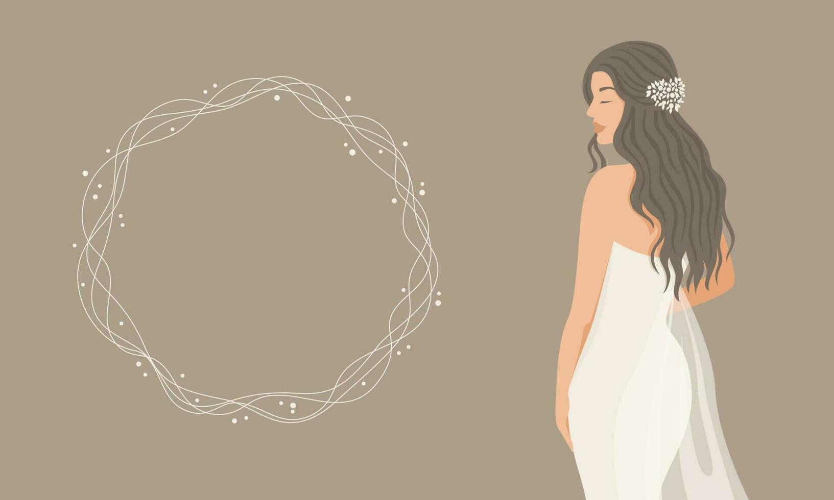 Abstract beautiful woman in a delicate wedding dress stands with her back. Round frame for text from branches. Wedding salon concept. Vector simple illustration