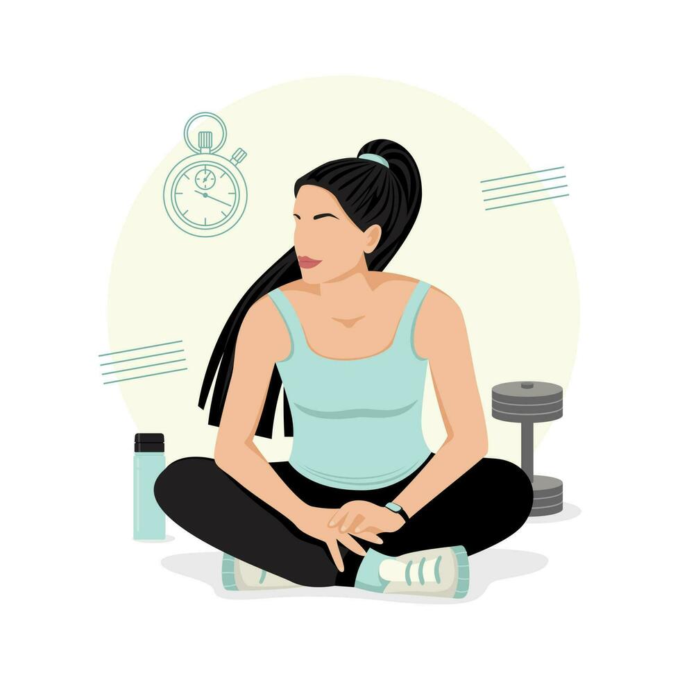 Abstract woman athlete sitting. Fitness bar, water bottle, stopwatch. Vector illustration isolated on a white background.