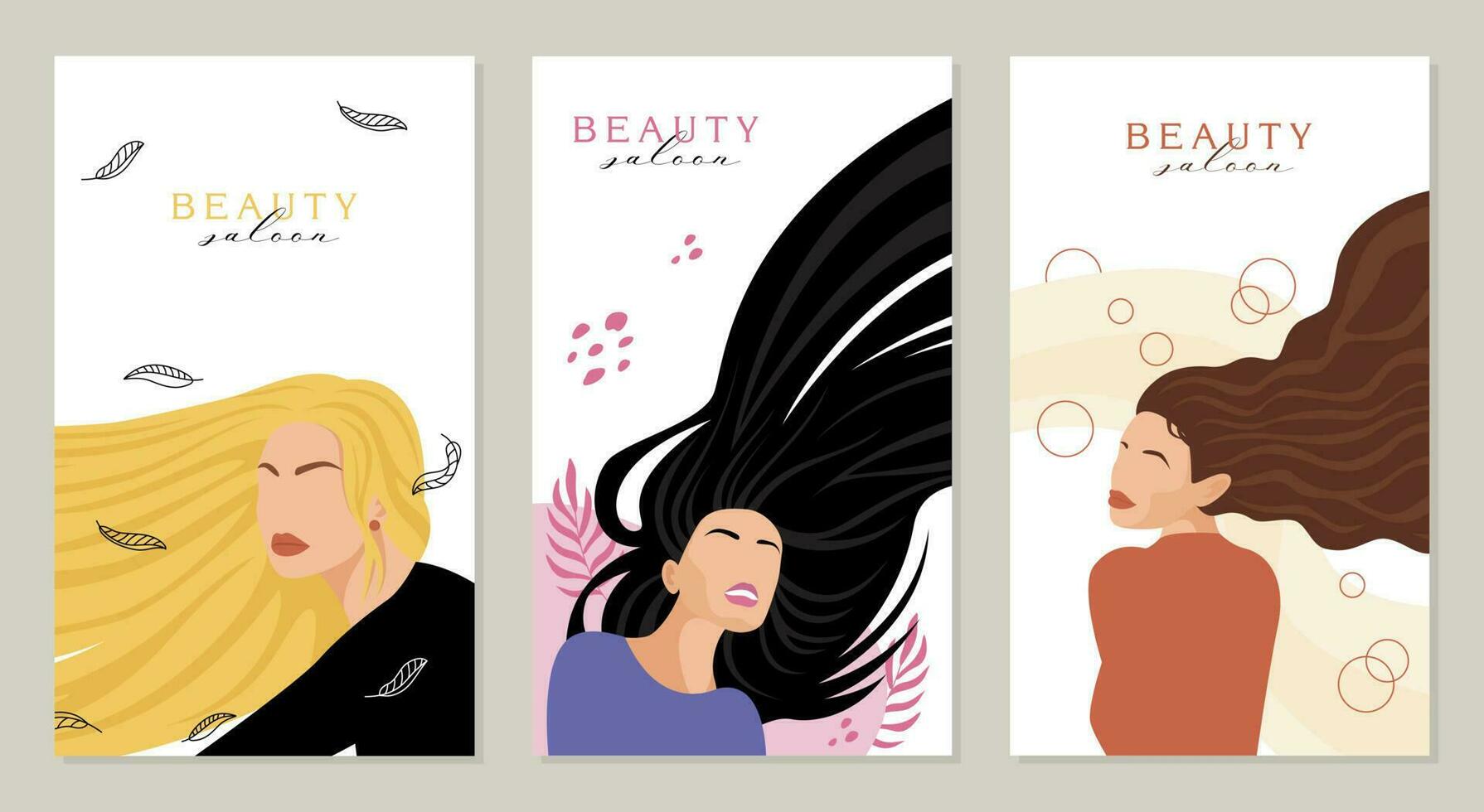 belleza salón concepto, bandera, negocio tarjetas resumen mujer con largo grueso cabello. vector ilustración