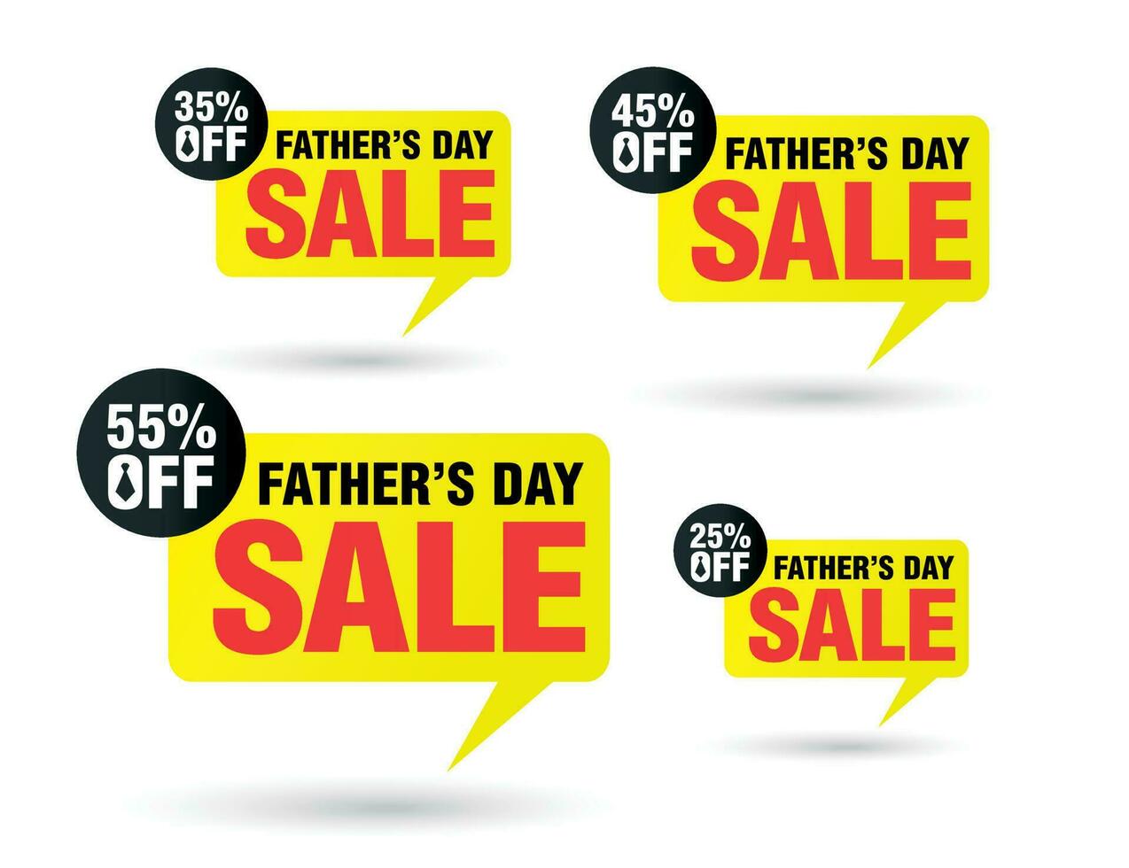 Fathers day sale tag speech bubble set. Sale 25, 35, 45, 55 off discount vector