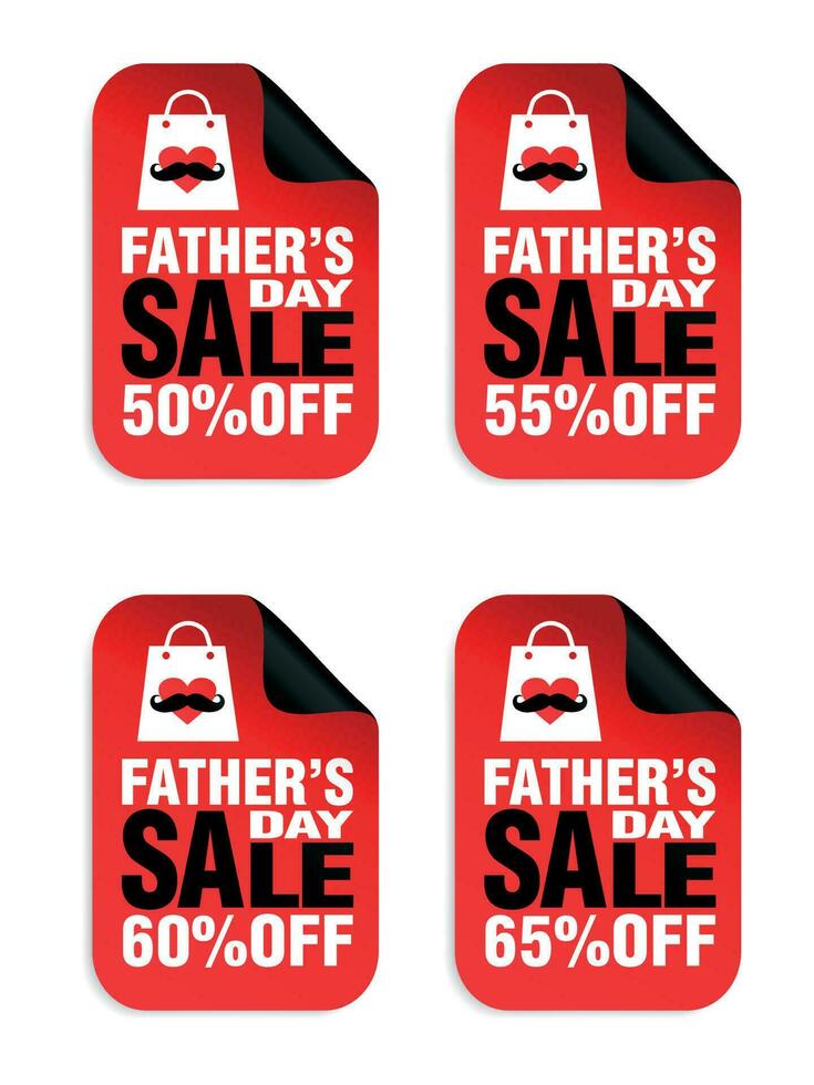 Fathers day sale red stickers set 50, 55, 60, 65 off discount vector