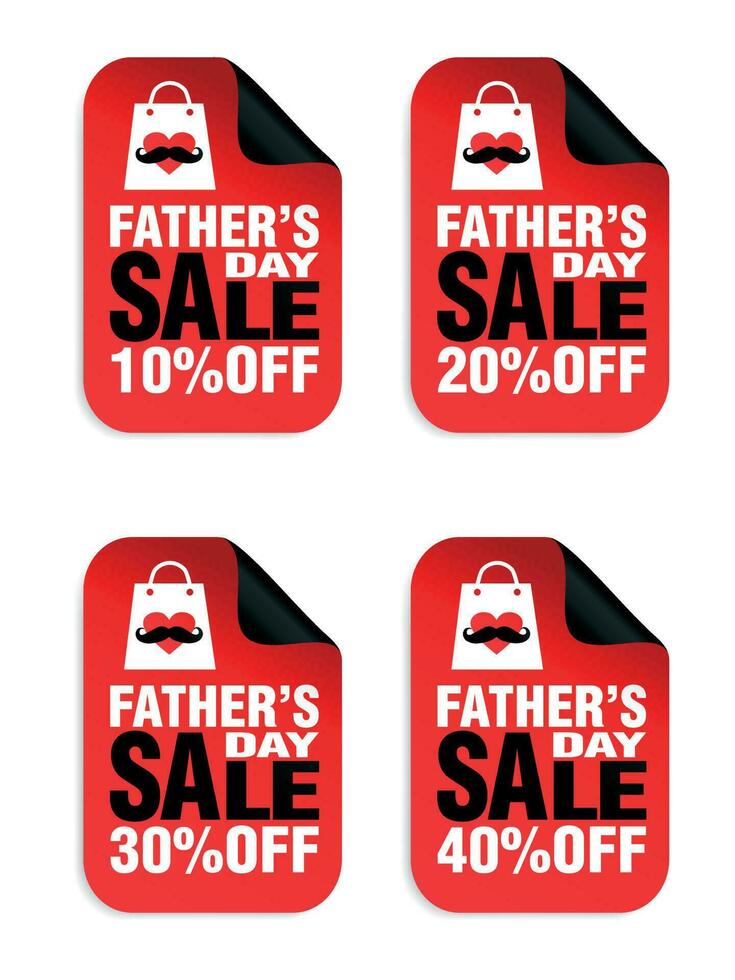 Fathers day sale red stickers set 10, 20, 30, 40 off discount vector