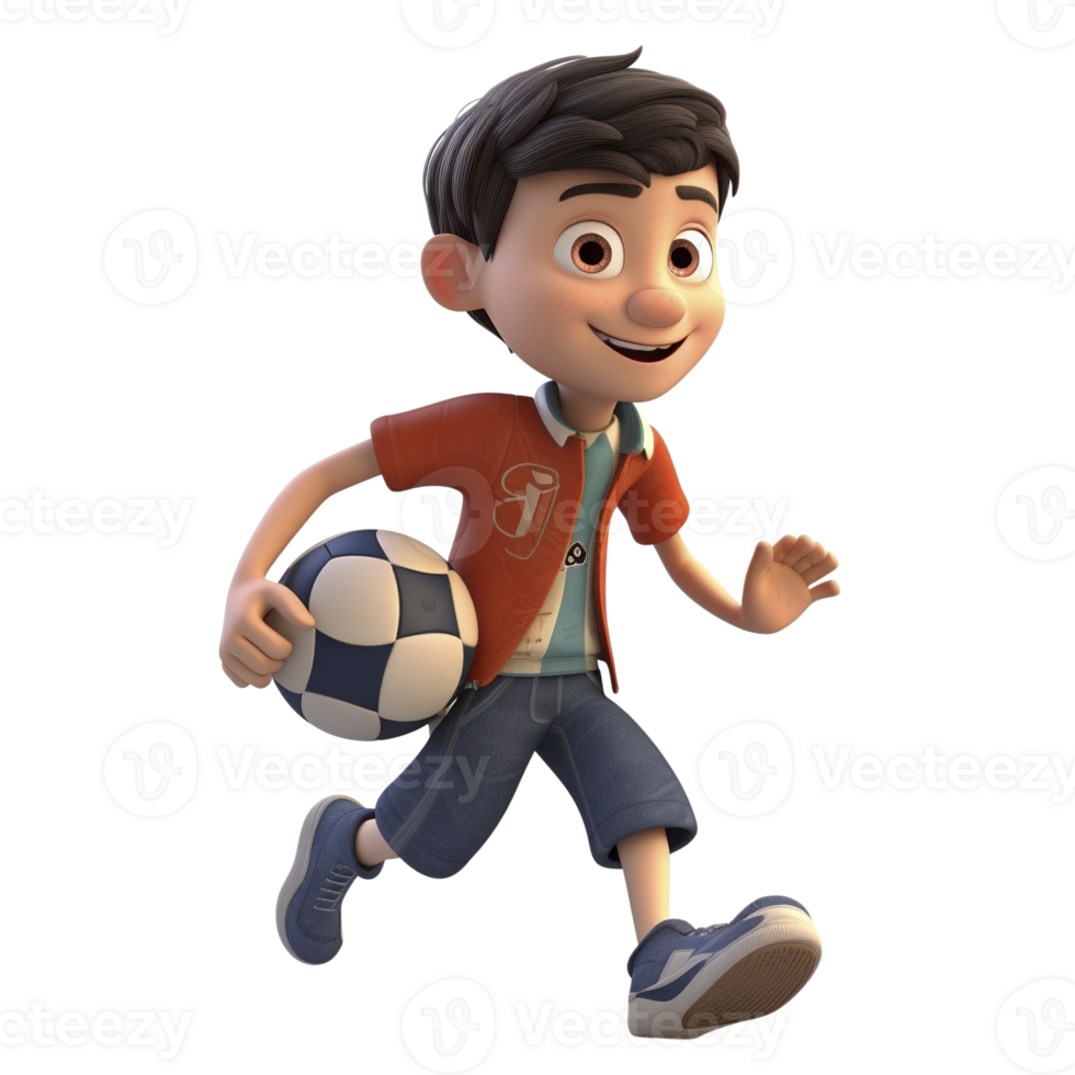 Cartoon style boy playing football isolated on transparent background, created with png
