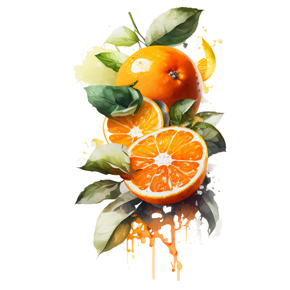 Aquarell Orangen Früchte. Zitrusfrüchte einstellen mit Hälfte ,Scheiben und Orange Saft ai generativ png