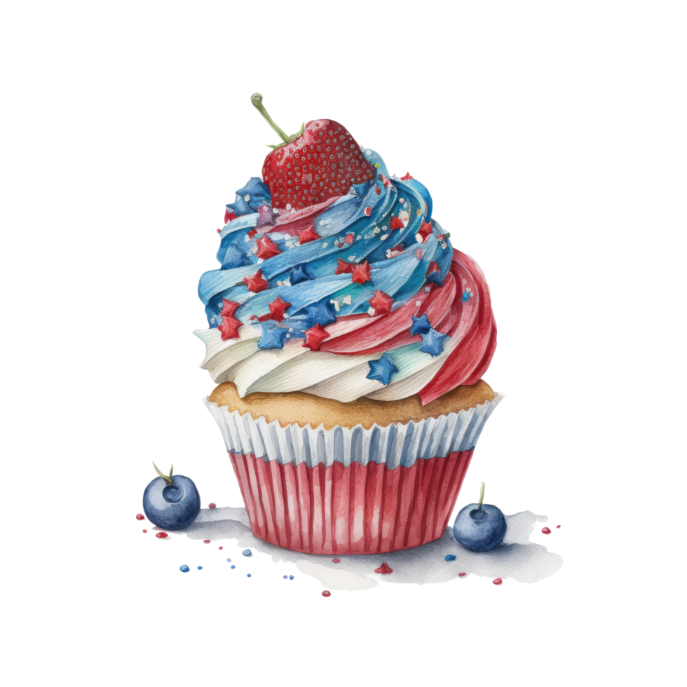 4 .. von Juli Cupcakes einstellen Süßigkeiten Lebensmittel. USA glücklich Unabhängigkeit Tag Glasur Muffin mit rot und Blau Sterne, Flagge, Zylinder Hut ai generativ png