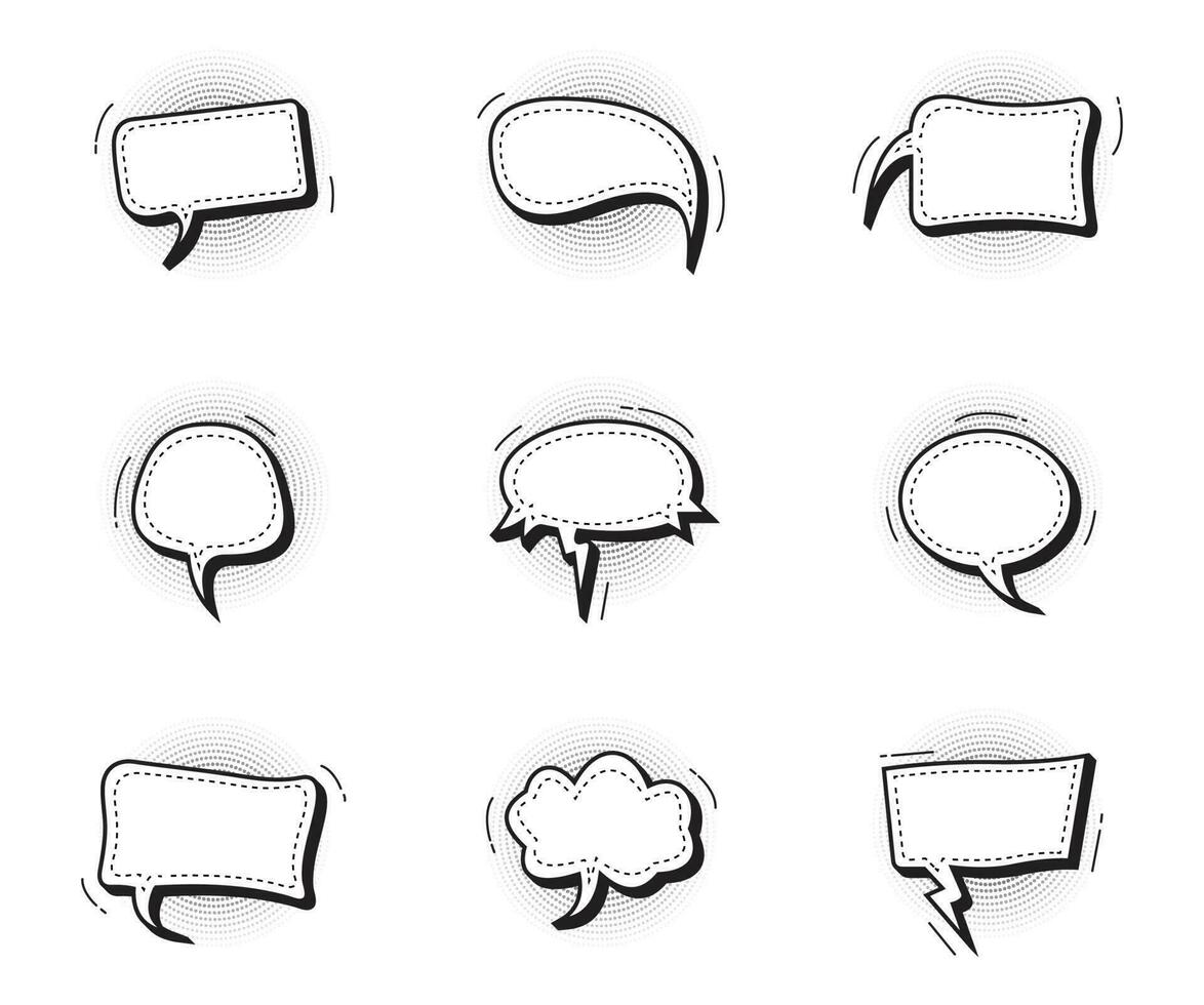 Set of empty pop art white comic speech bubbles different shapes with circle halftone shadows vector illustration