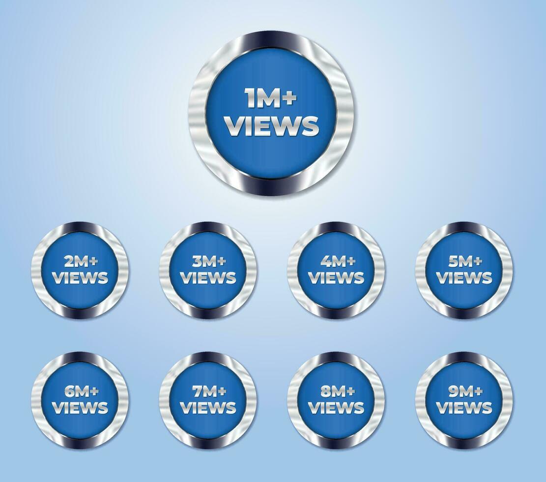 Set of 1 million views to 9 million views blue crystal metal badge sticker clipart vector illustration