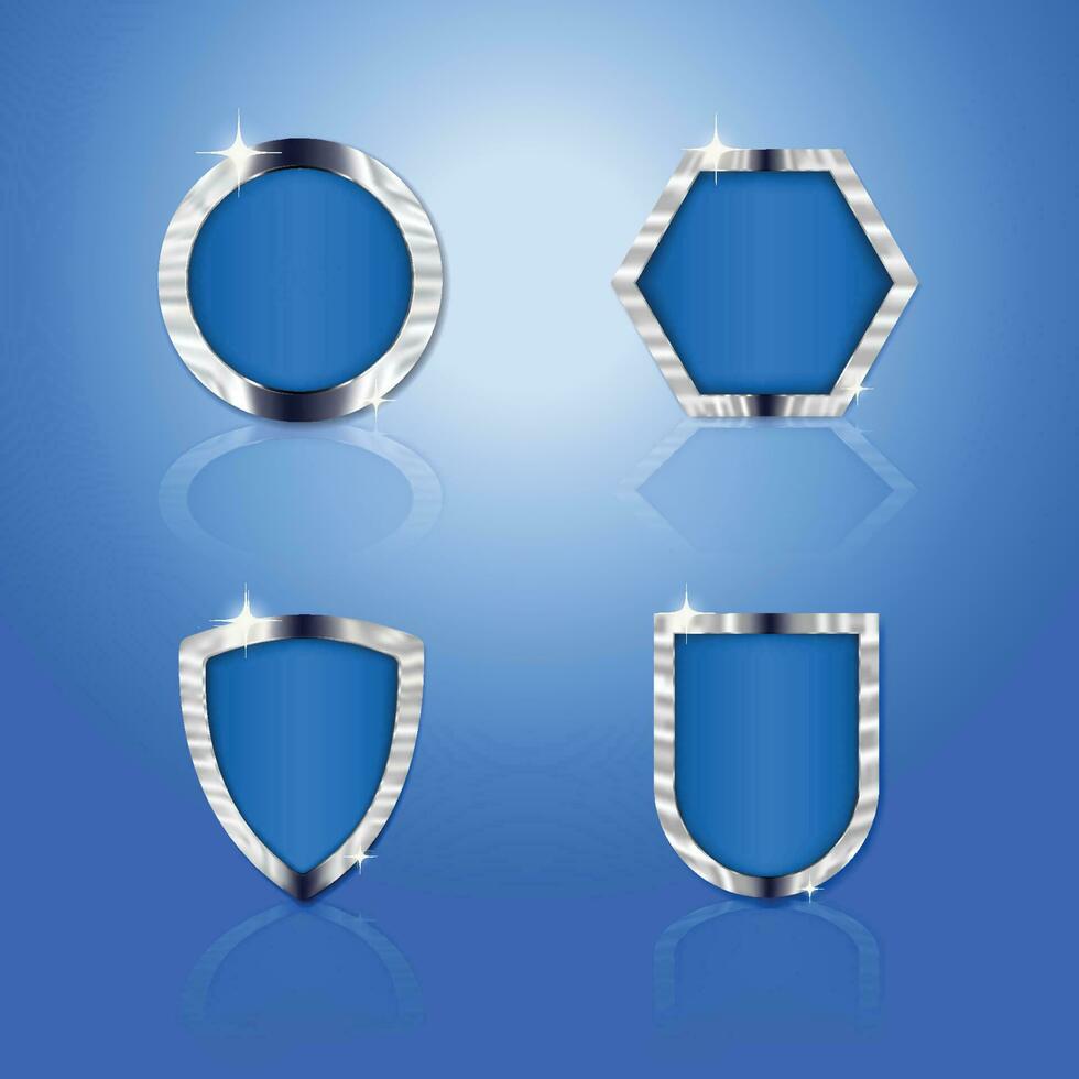 Realistic blue crystal glass metal shield isolated on a gradient background. vector
